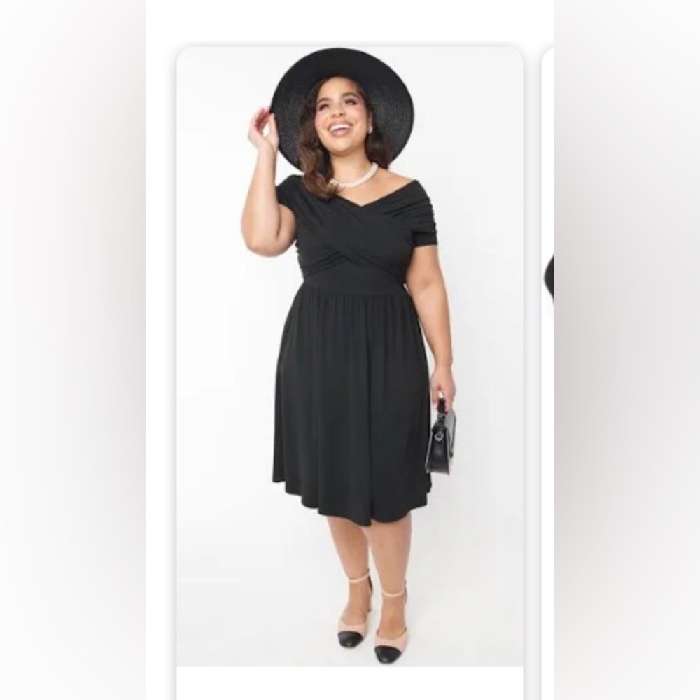 Unique Vintage Plus Size Black Shirred Swing Dress NWT